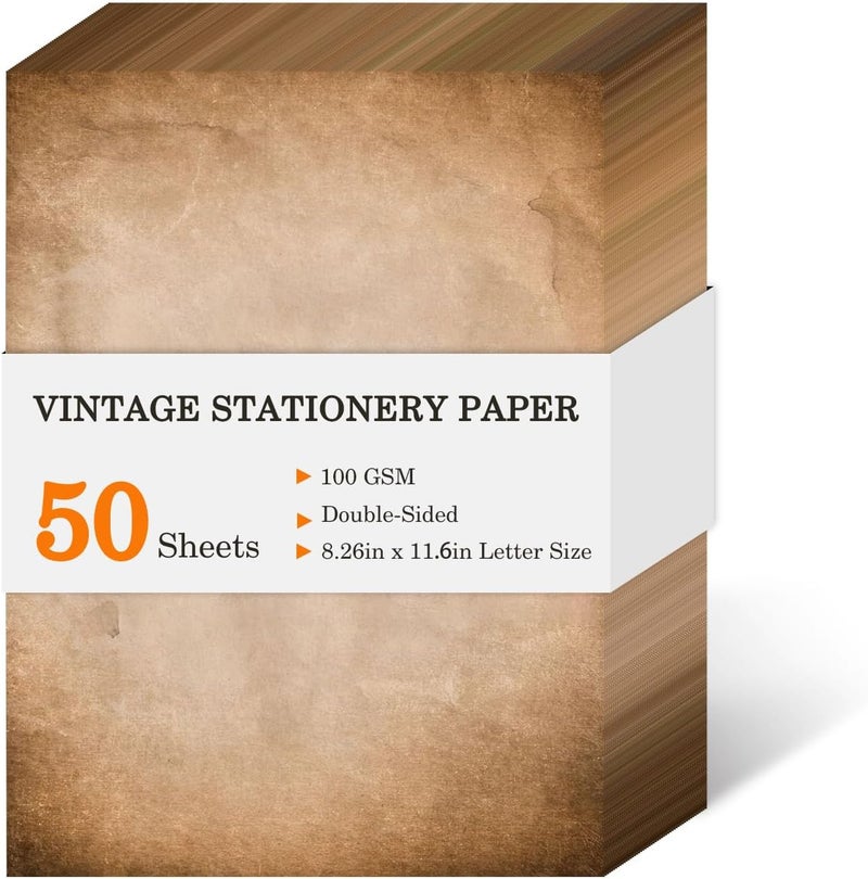 WLXTREE Vintage Old Aged Paper,Stationery 8.26 x 11.6,Antique Stationary Letter Writting Paper for Treasures Map Resume Invites Letters,Double Sided Printing,50 Sheets - Image 1